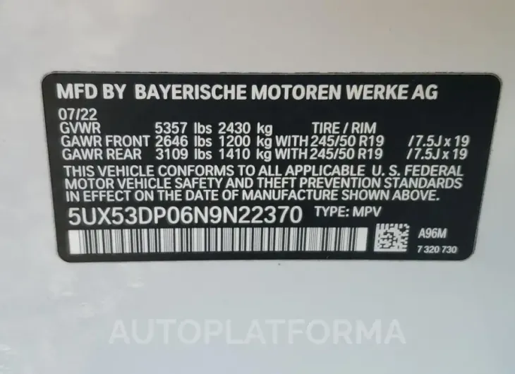 BMW X3 XDRIVE3 2022 vin 5UX53DP06N9N22370 from auto auction Copart