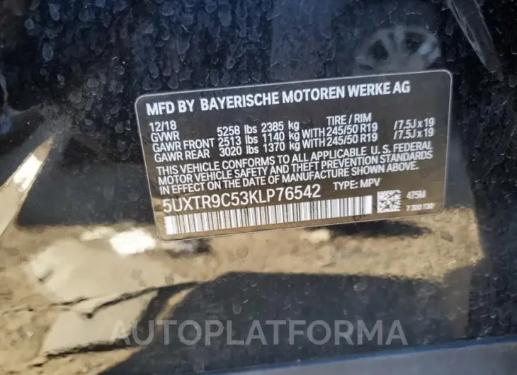 BMW X3 XDRIVE3 2019 vin 5UXTR9C53KLP76542 from auto auction Copart