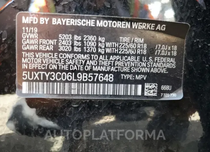 BMW X3 SDRIVE3 2020 vin 5UXTY3C06L9B57648 from auto auction Copart