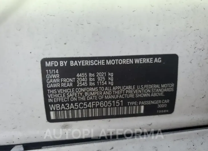 BMW 328 I 2015 vin WBA3A5C54FP605151 from auto auction Copart