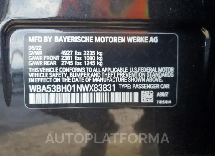 BMW 530 I 2022 vin WBA53BH01NWX83831 from auto auction Copart