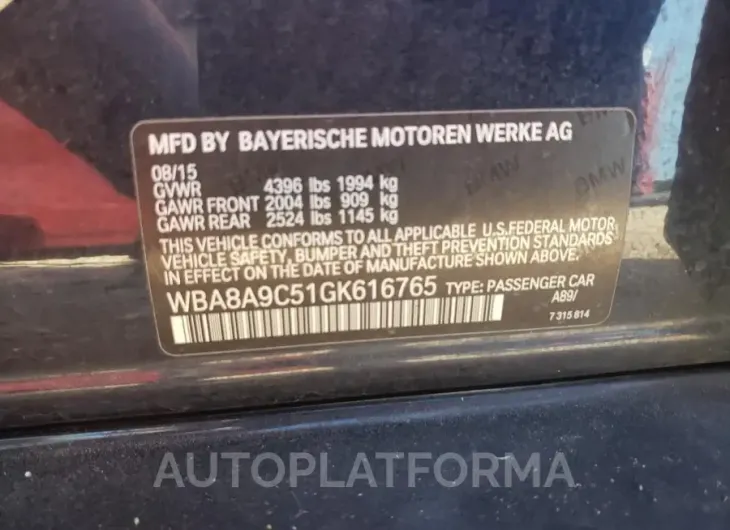 BMW 320 I 2016 vin WBA8A9C51GK616765 from auto auction Copart