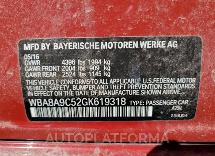 BMW 320 I 2016 vin WBA8A9C52GK619318 from auto auction Copart