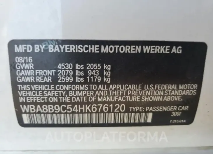 BMW 330 I 2017 vin WBA8B9C54HK676120 from auto auction Copart