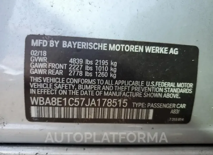 BMW 330E 2018 vin WBA8E1C57JA178515 from auto auction Copart