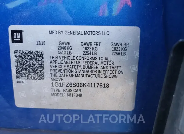 CHEVROLET BOLT EV PR 2019 vin 1G1FZ6S06K4117618 from auto auction Copart