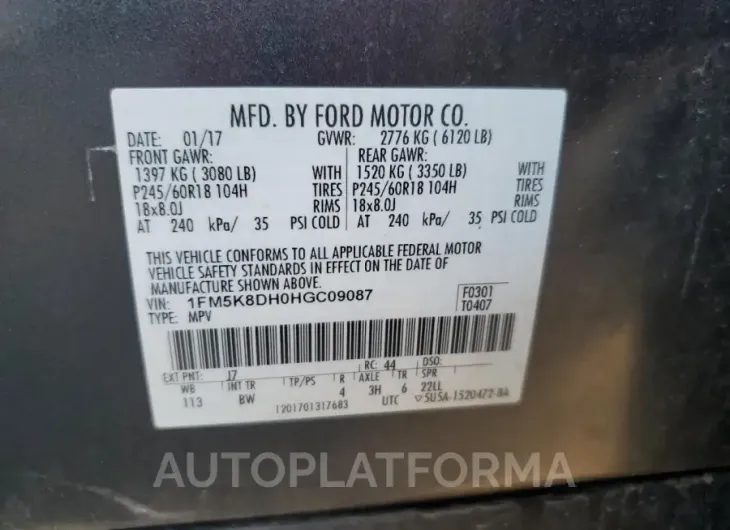 FORD EXPLORER X 2017 vin 1FM5K8DH0HGC09087 from auto auction Copart