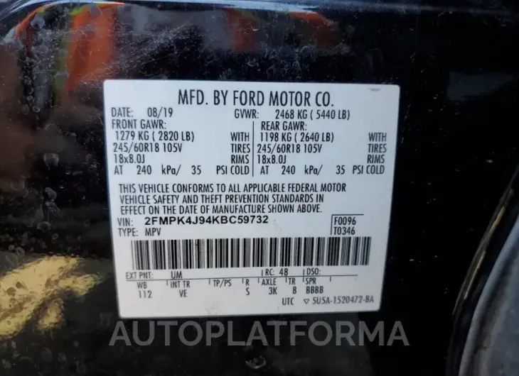 FORD EDGE SEL 2019 vin 2FMPK4J94KBC59732 from auto auction Copart