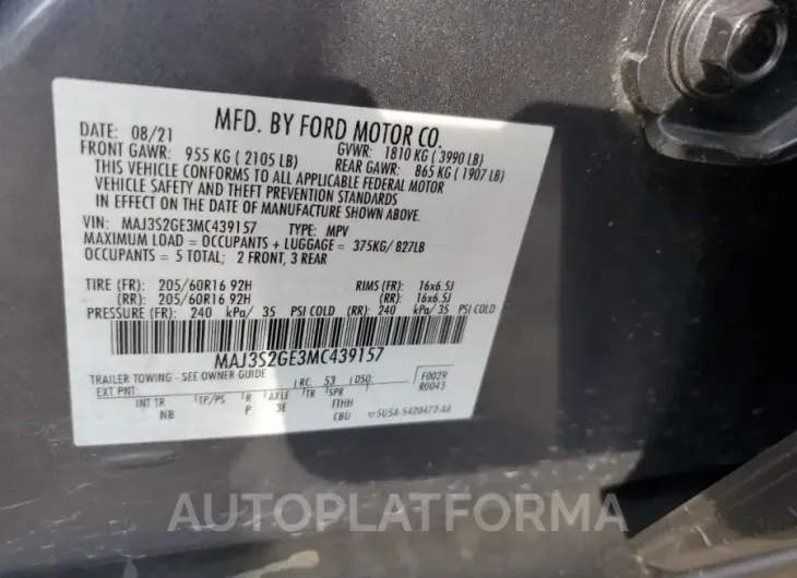 FORD ECOSPORT S 2021 vin MAJ3S2GE3MC439157 from auto auction Copart