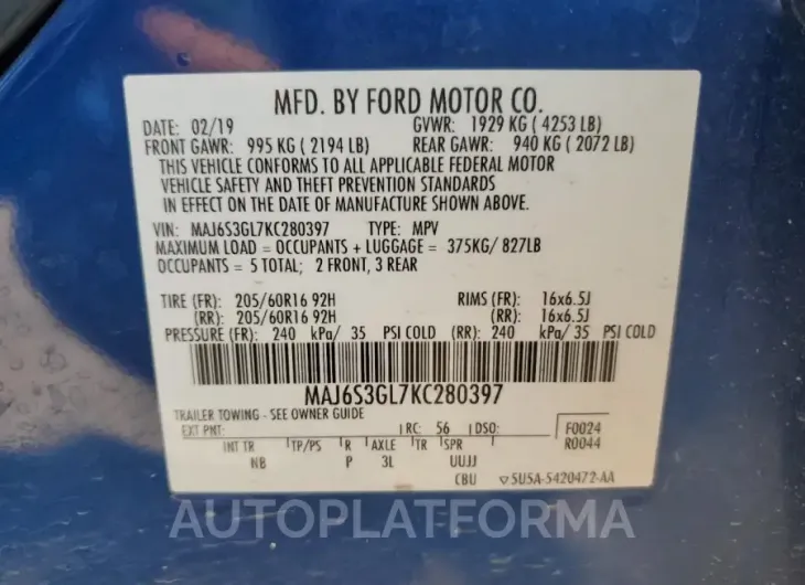 FORD ECOSPORT S 2019 vin MAJ6S3GL7KC280397 from auto auction Copart