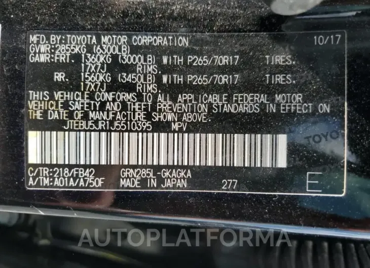 TOYOTA 4RUNNER SR 2018 vin JTEBU5JR1J5510395 from auto auction Copart