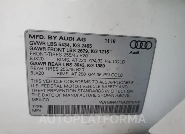 AUDI Q5 PREMIUM 2019 vin WA1BNAFY0K2018108 from auto auction Copart