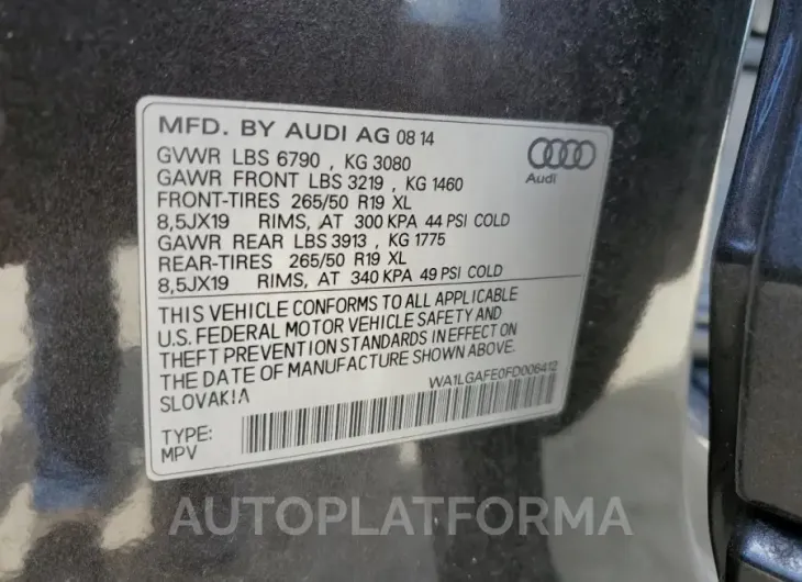 AUDI Q7 PREMIUM 2015 vin WA1LGAFE0FD006412 from auto auction Copart