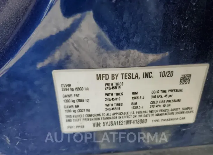 TESLA MODEL S 2021 vin 5YJSA1E21MF418080 from auto auction Copart