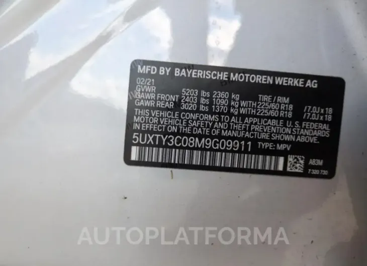 BMW X3 SDRIVE3 2021 vin 5UXTY3C08M9G09911 from auto auction Copart