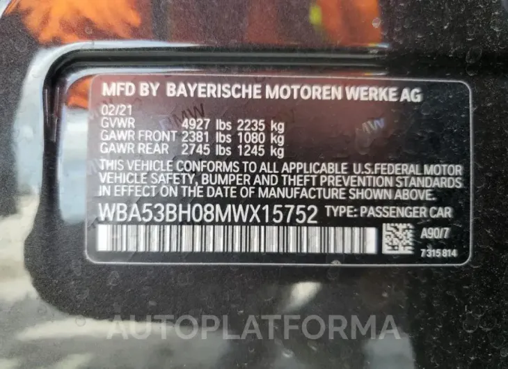 BMW 530 I 2021 vin WBA53BH08MWX15752 from auto auction Copart