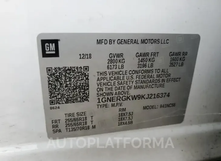 CHEVROLET TRAVERSE L 2019 vin 1GNERGKW9KJ216374 from auto auction Copart