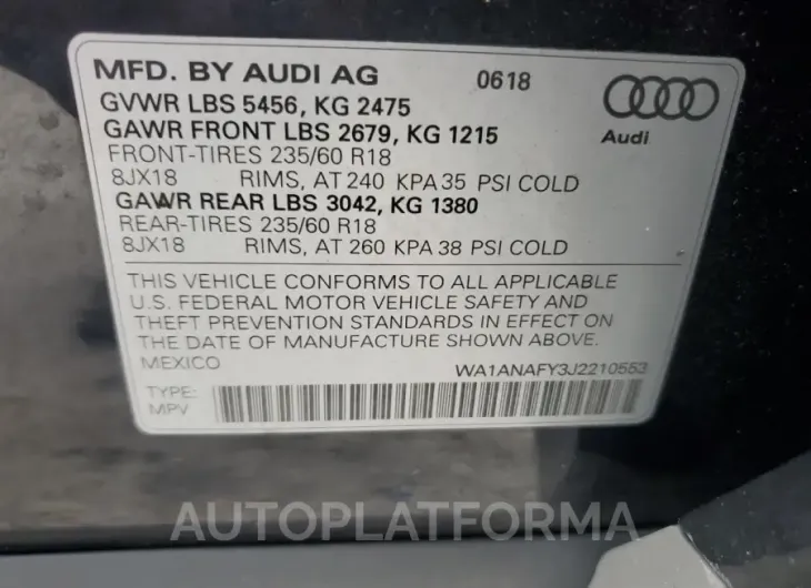 AUDI Q5 PREMIUM 2018 vin WA1ANAFY3J2210553 from auto auction Copart