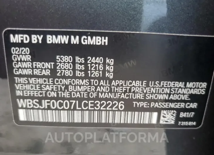 BMW M5 BASE 2020 vin WBSJF0C07LCE32226 from auto auction Copart