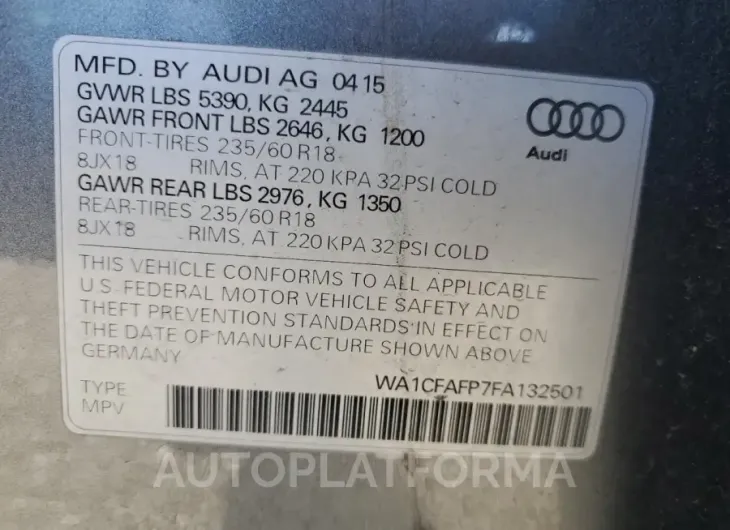 AUDI Q5 PREMIUM 2015 vin WA1CFAFP7FA132501 from auto auction Copart