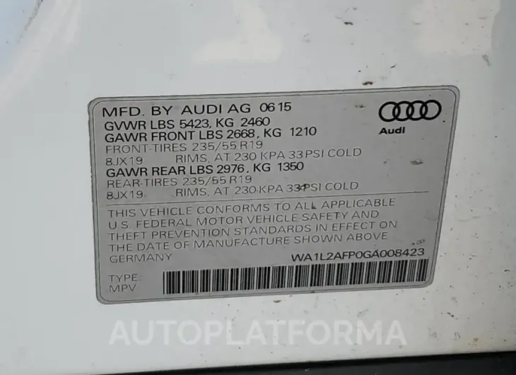 AUDI Q5 PREMIUM 2016 vin WA1L2AFP0GA008423 from auto auction Copart