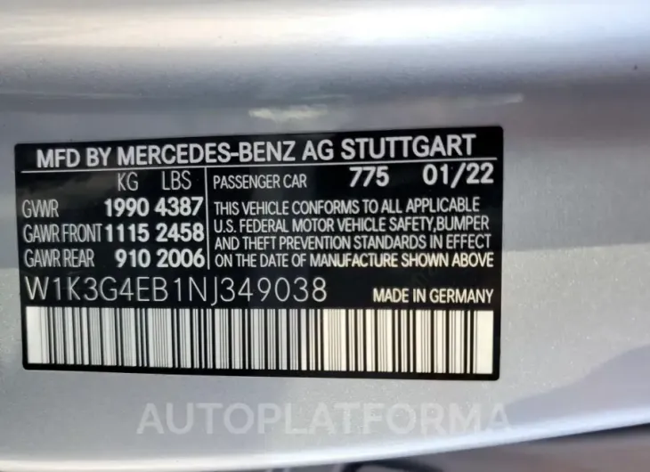 MERCEDES-BENZ A 220 2022 vin W1K3G4EB1NJ349038 from auto auction Copart