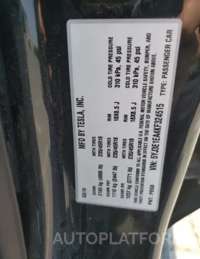 TESLA MODEL 3 2019 vin 5YJ3E1EA4KF324515 from auto auction Copart