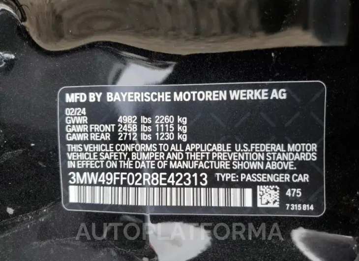 BMW M340XI 2024 vin 3MW49FF02R8E42313 from auto auction Copart