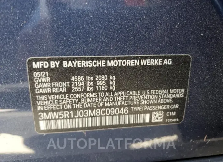 BMW 330I 2021 vin 3MW5R1J03M8C09046 from auto auction Copart