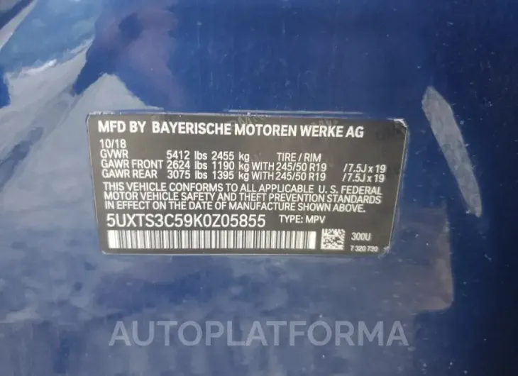 BMW X3 XDRIVEM 2019 vin 5UXTS3C59K0Z05855 from auto auction Copart