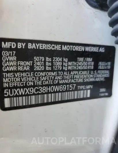 BMW X3 XDRIVE2 2017 vin 5UXWX9C38H0W69157 from auto auction Copart