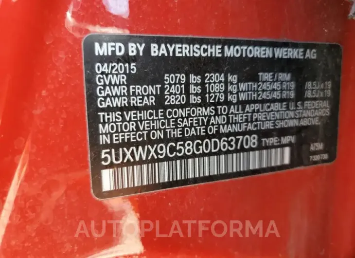 BMW X3 XDRIVE2 2016 vin 5UXWX9C58G0D63708 from auto auction Copart