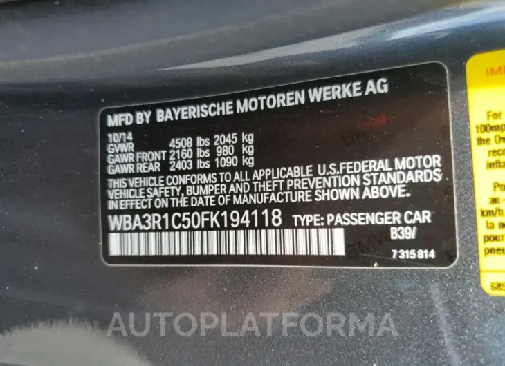 BMW 435 I 2015 vin WBA3R1C50FK194118 from auto auction Copart