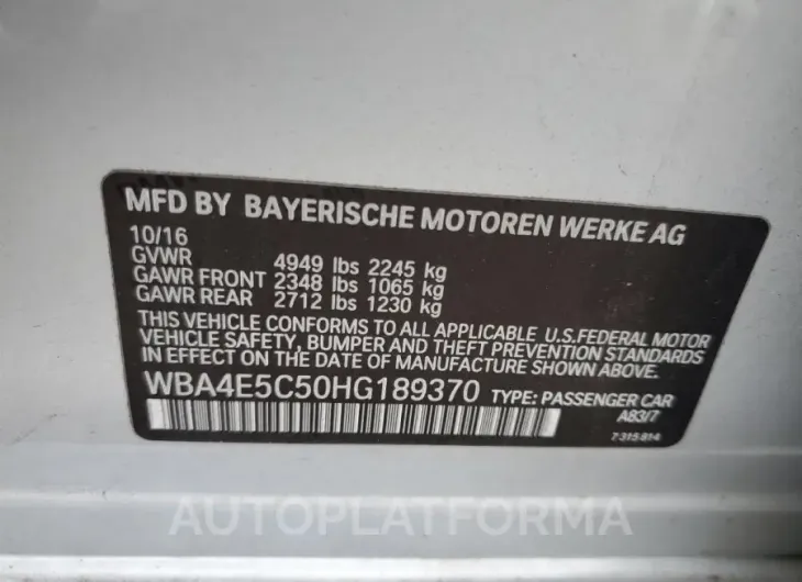 BMW 440XI GRAN 2017 vin WBA4E5C50HG189370 from auto auction Copart