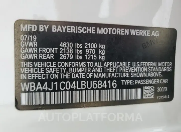 BMW 430I GRAN 2020 vin WBA4J1C04LBU68416 from auto auction Copart