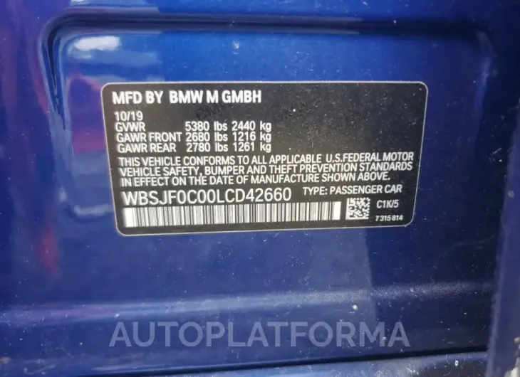 BMW M5 BASE 2020 vin WBSJF0C00LCD42660 from auto auction Copart