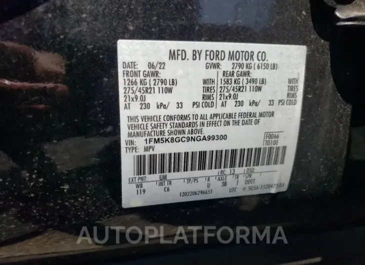 FORD EXPLORER S 2022 vin 1FM5K8GC9NGA99300 from auto auction Copart