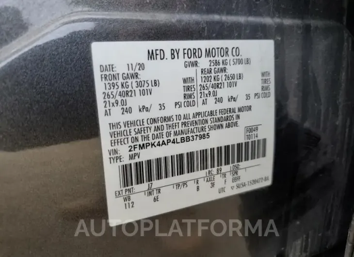 FORD EDGE ST 2020 vin 2FMPK4AP4LBB37985 from auto auction Copart