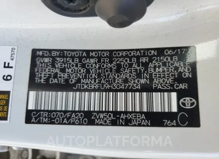 TOYOTA PRIUS 2017 vin JTDKBRFU9H3047734 from auto auction Copart