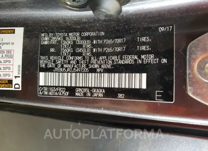 TOYOTA 4RUNNER SR 2018 vin JTEBU5JR2J5497205 from auto auction Copart