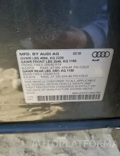 AUDI Q3 PREMIUM 2018 vin WA1JCCFS1JR027981 from auto auction Copart