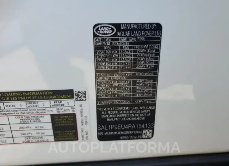 LAND ROVER RANGE ROVE 2024 vin SAL1P9EU4RA184133 from auto auction Copart