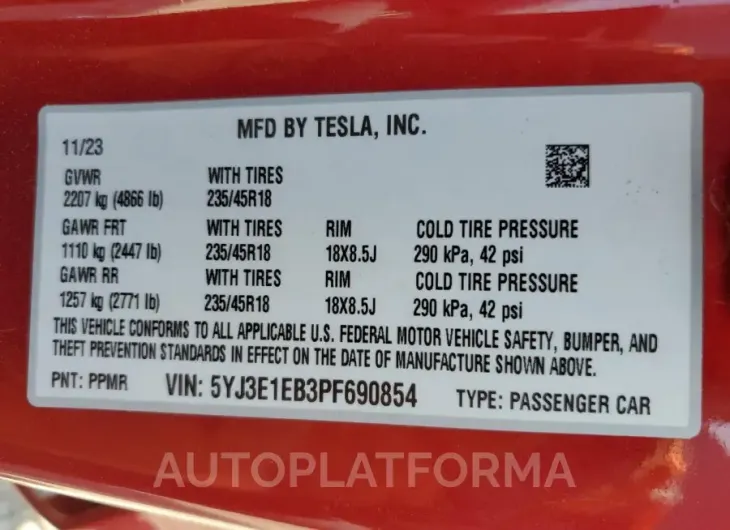 TESLA MODEL 3 2023 vin 5YJ3E1EB3PF690854 from auto auction Copart