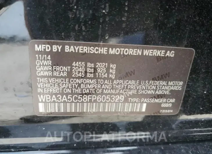 BMW 328 I 2015 vin WBA3A5C58FP605329 from auto auction Copart