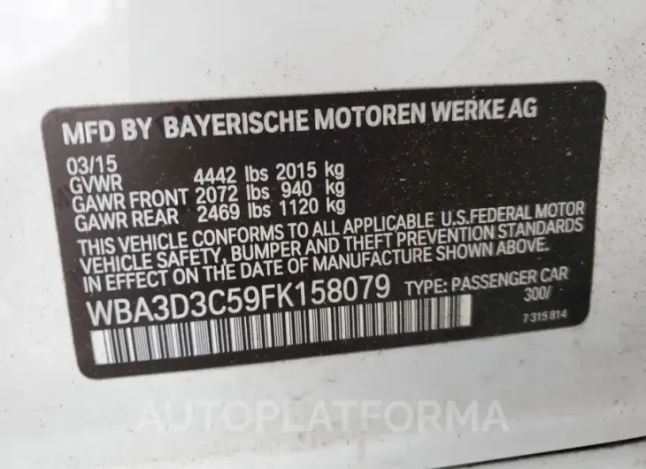 BMW 328 D 2015 vin WBA3D3C59FK158079 from auto auction Copart