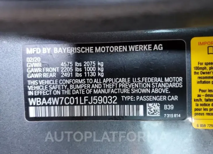 BMW 440I 2020 vin WBA4W7C01LFJ59032 from auto auction Copart