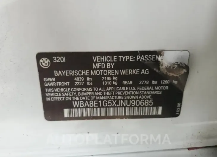 BMW 320 I 2018 vin WBA8E1G5XJNU90685 from auto auction Copart