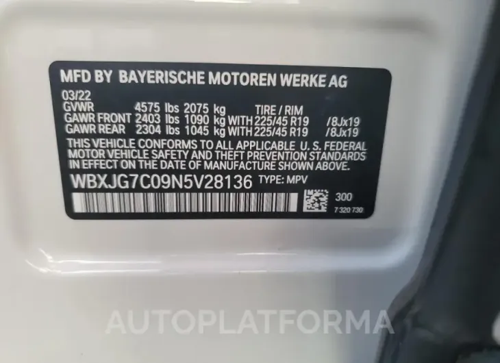 BMW X1 SDRIVE2 2022 vin WBXJG7C09N5V28136 from auto auction Copart