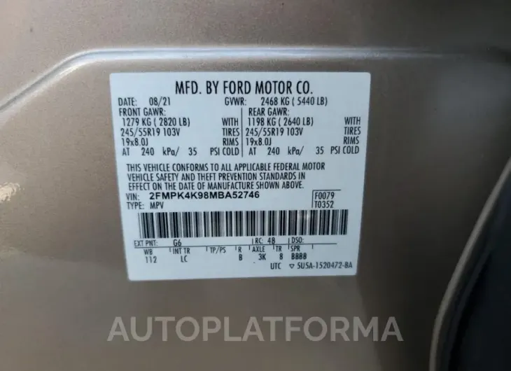 FORD EDGE TITAN 2021 vin 2FMPK4K98MBA52746 from auto auction Copart