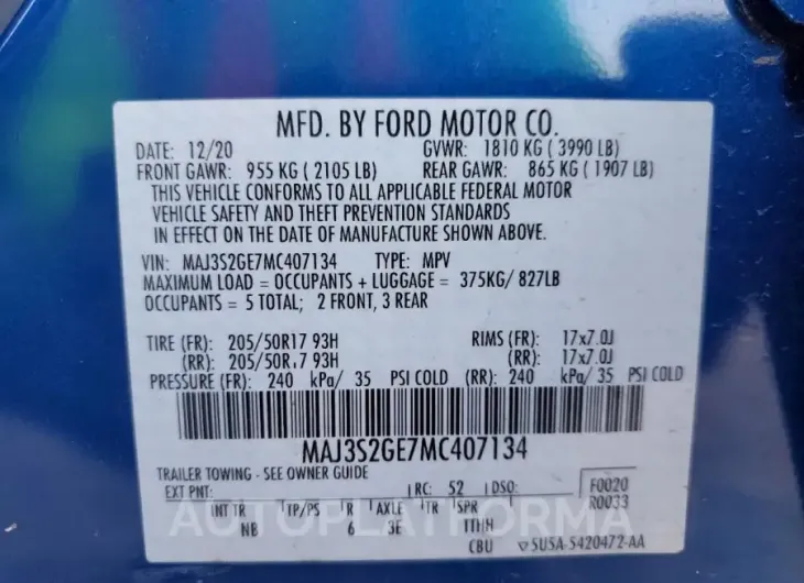 FORD ECOSPORT S 2021 vin MAJ3S2GE7MC407134 from auto auction Copart